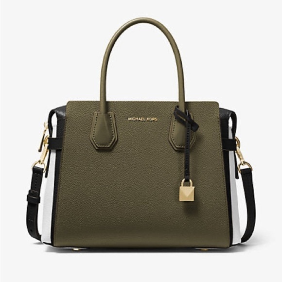 New Michael Kors Mercer Medium Tri-Color Pebbled Leather Belted Satchel Bag - Picture 1 of 15
